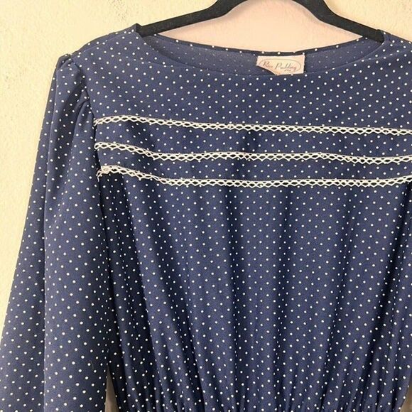 Vintage Rice Pudding Brand Dress Womens Size Medium Blue Polka Dot Ruffle 1970s - Picture 9 of 9